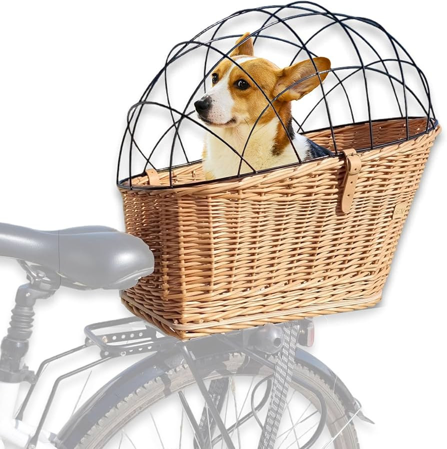 Natural Wicker Dog Bike Basket - 100% Organic Rattan Pet Carrier with Protective Grille - Eco Fri... | Amazon (US)