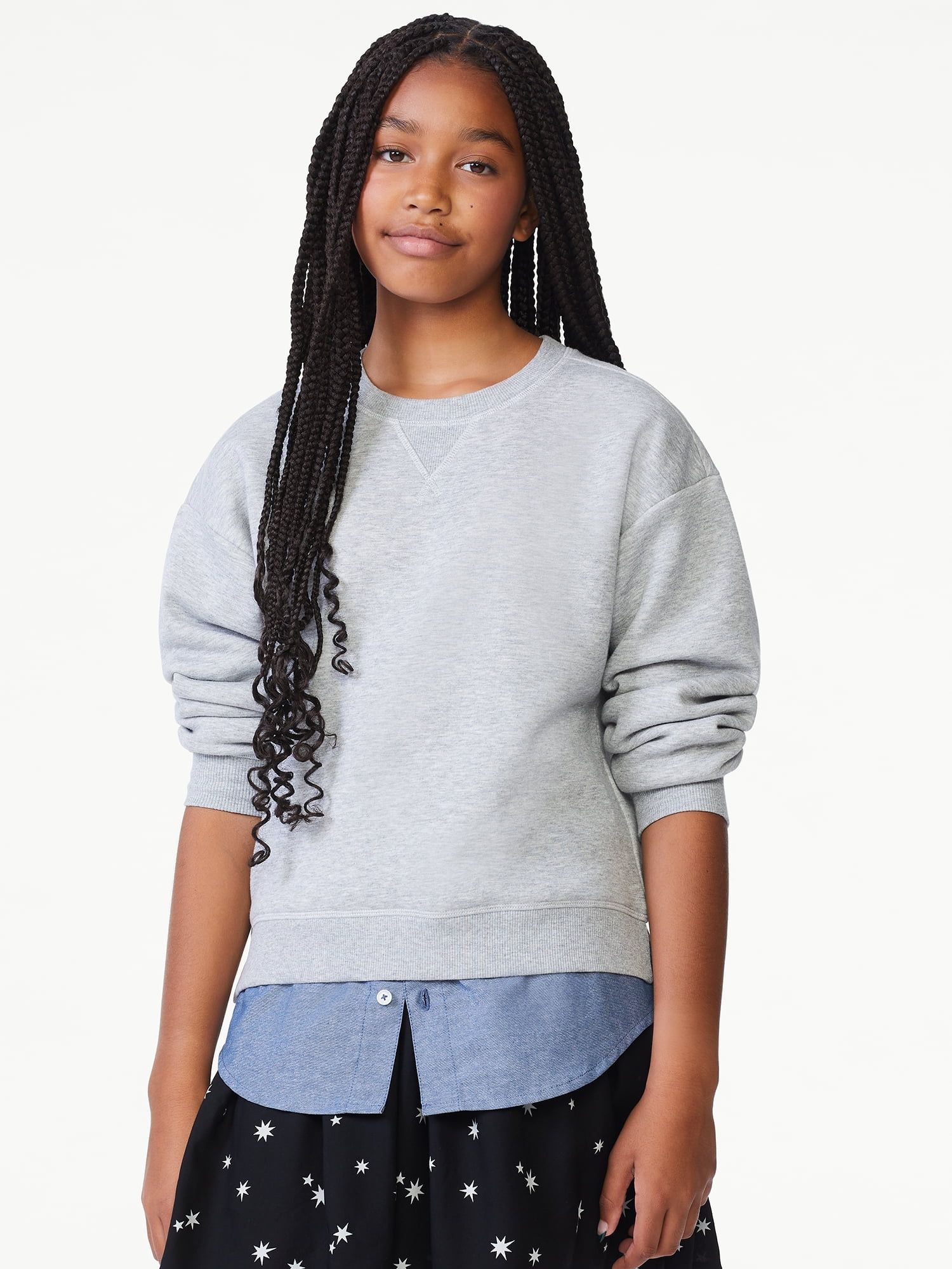 Free Assembly Girls Crewneck Sweatshirt with Woven Shirt Hem, Sizes 4-18 - Walmart.com | Walmart (US)