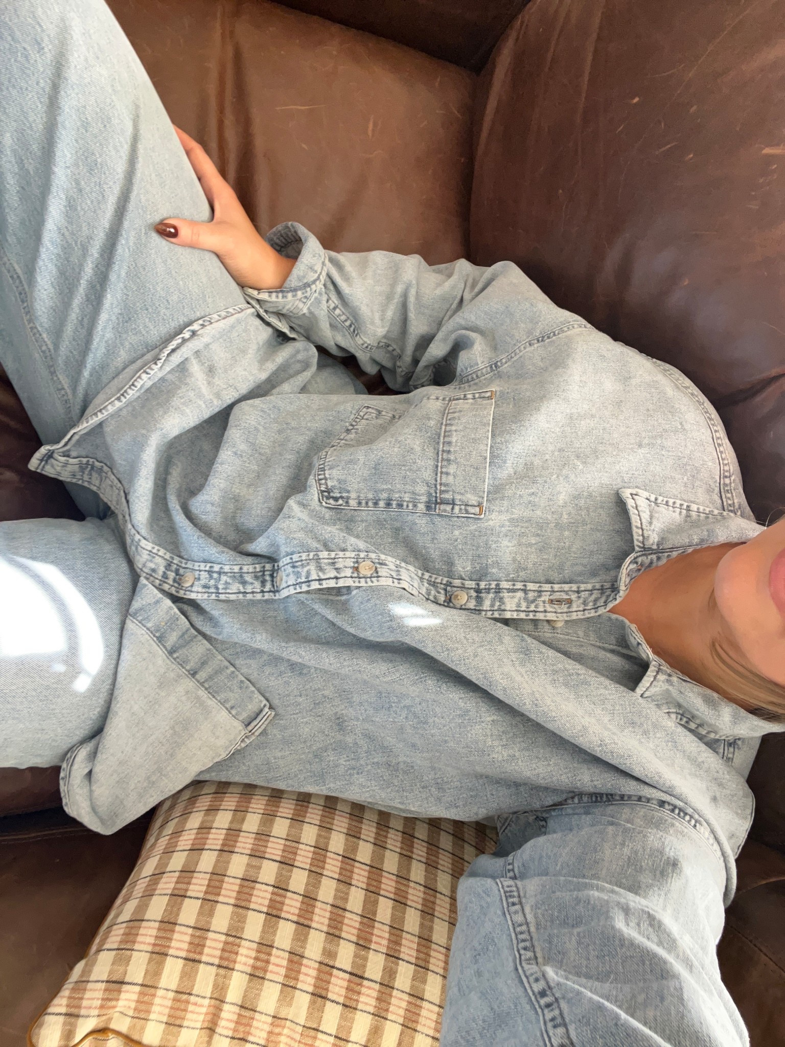 Sized up in the denim top to a large for an oversized longer fit it’s soft and slouchy. Jeans size down 2 

