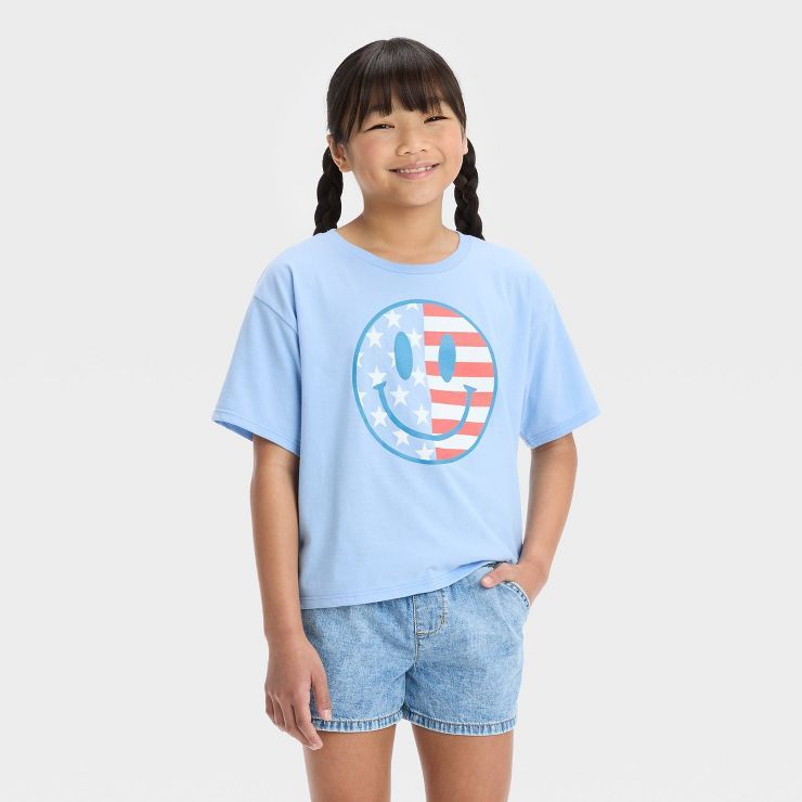 Girls' Americana Smiley Flag Short Sleeve Graphic Cropped T-Shirt - Blue | Target