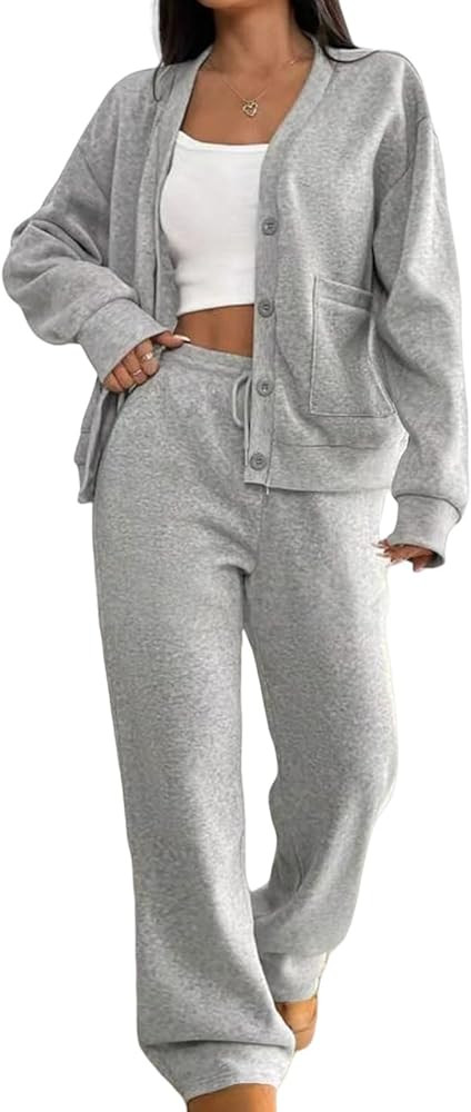 Two Piece Lounge Sets for Women Oversized Button Up Cardigan Wide Leg Pants Matching Loungewear Y... | Amazon (US)