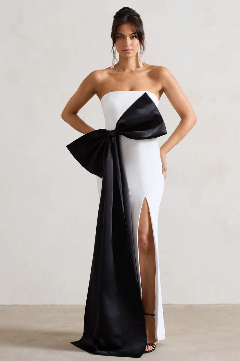 Sincerely  White Bandeau Split Maxi Dress With Oversized Black Bow | Club L London