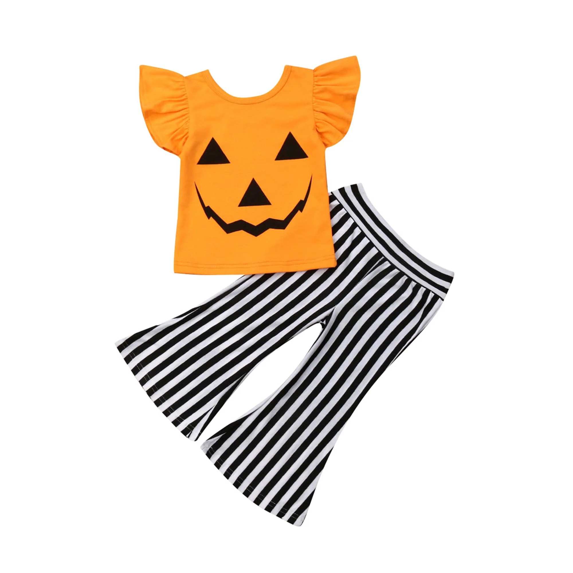 Toddler Kid Halloween Girl Clothes Smiling Face Ruffled-Sleeves Top Stripe Bell-Bottoms Pumpkin S... | Walmart (US)