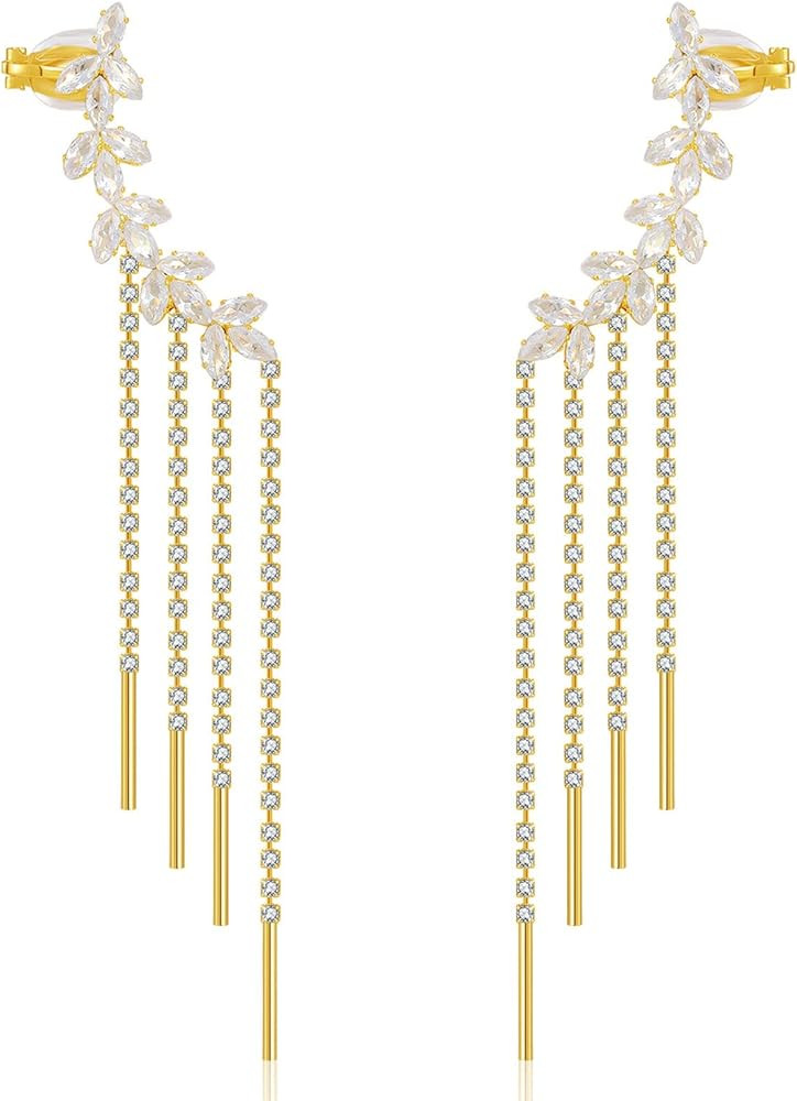 Tassel Ear Cuff Earrings for Women - Rhinestone Copper Ear Clip | Amazon (US)