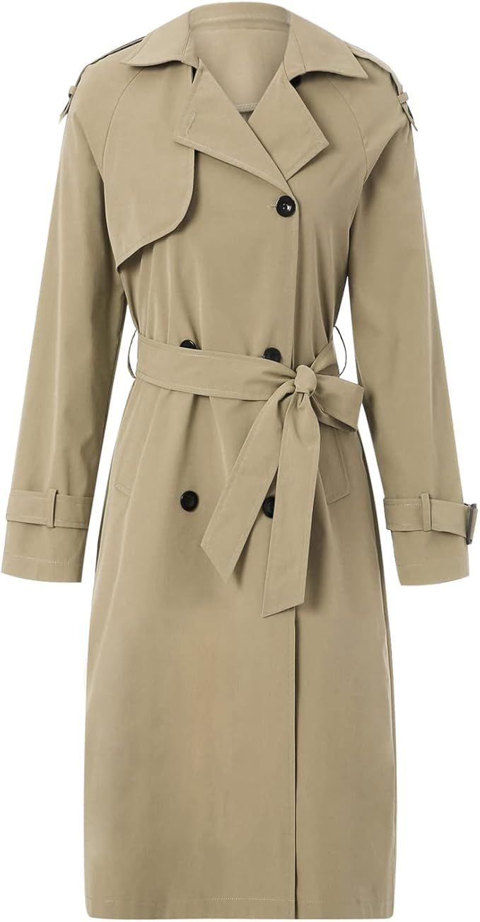 Women Double Breasted Long Trench Coat, Classic Lapel Long Autumn Jacket Windproof Overcoat with ... | Amazon (US)