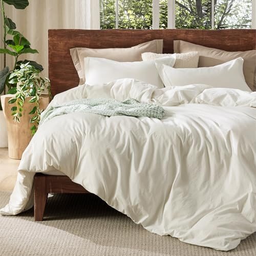 Bedsure 100% Washed Cotton Duvet Cover King Size - Cream Minimalist Cotton Duvet Cover Linen Like for All Seasons - GentleSoft™ Plain Simple Bedding (Cream, King, 104"x90") | Amazon (US)