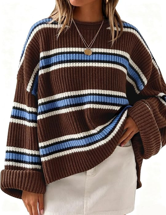 ZESICA Womens Fall Winter Oversized Striped Knit Sweaters Fashion Clothes | Amazon (US)