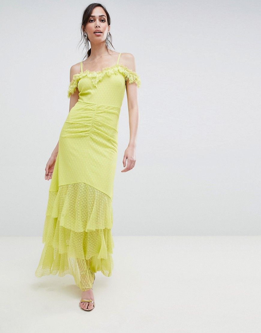 ASOS DESIGN cami dobby bardot ruffle fishtail maxi dress - Yellow | ASOS US