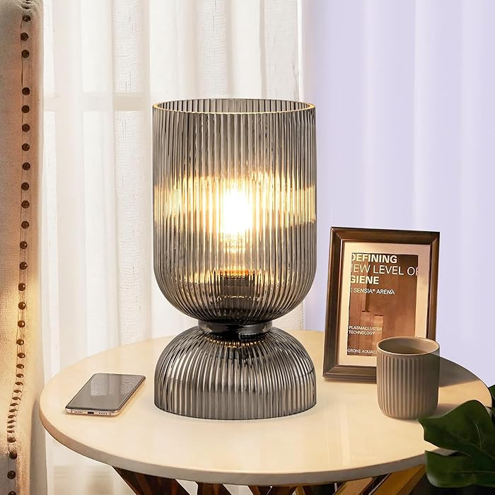 Modern Table Lamp,Glass Mid Century Lamp with Smoky Gray Glass Shade, Bedside Lamp with On/Off Sw... | Amazon (US)