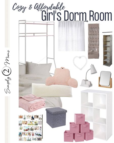 Create a cute and cozy girl’s dorm room without spending a fortune. Affordable bedding with bed rest and body pillows. Light filtering curtains and comfy throw blanket adds texture. Over the bed and cube shelf organizers doubles as furniture and extra storage. Closet organizers, fabric bins and storage ottoman keep small rooms neat. Wall decor, desk lamp and mirror help accessorize a dorm room.  #dormroom #collegedorm #organization 

#LTKstyletip #LTKfamily #LTKBacktoSchool