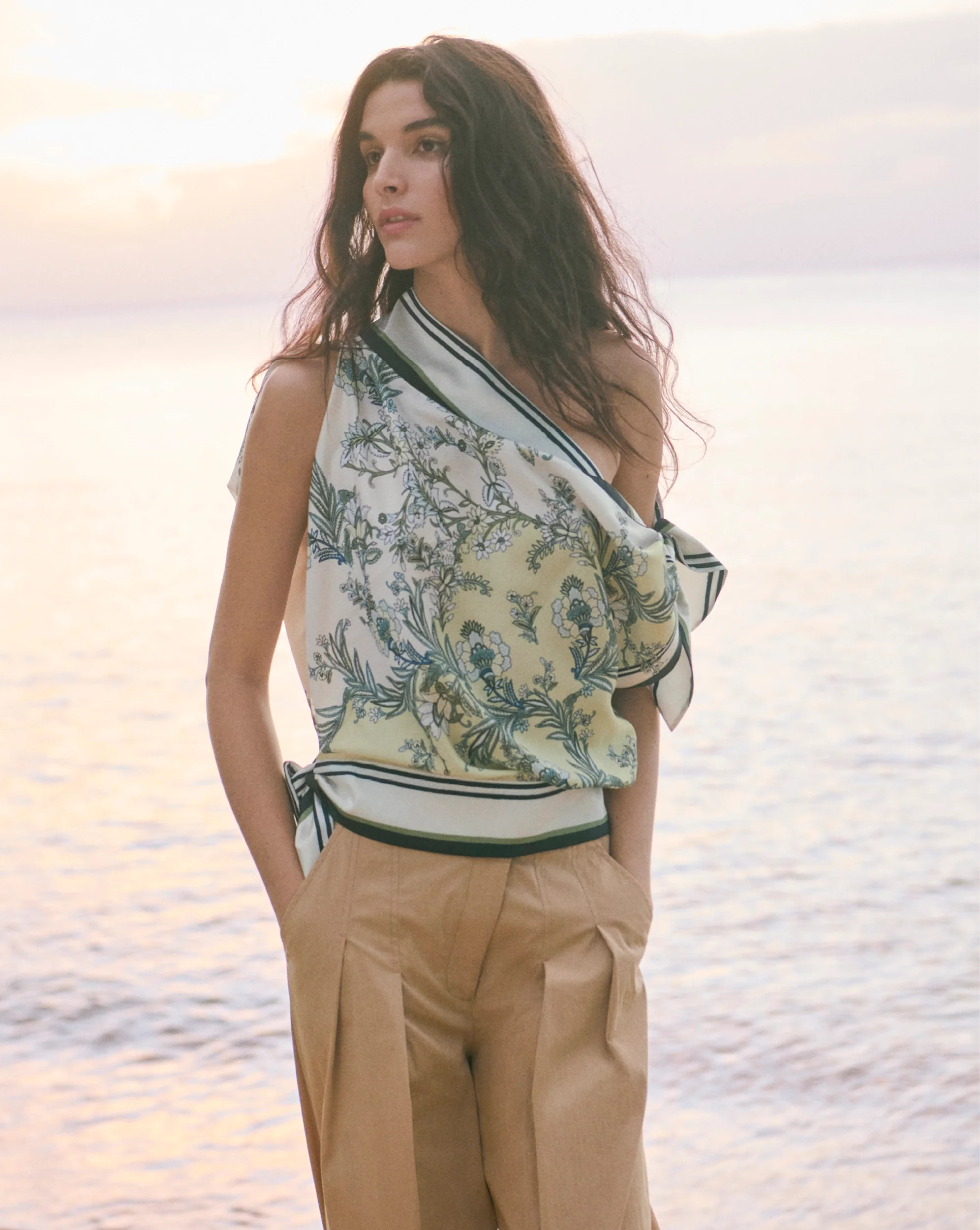 Tari One-Shoulder Blouse in Light Green Pistachio Multi | Veronica Beard | Veronica Beard