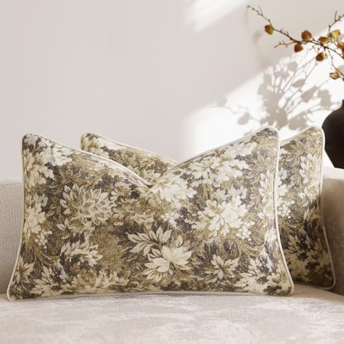 DEZENE Pack of 2 Vintage Floral Pillow Covers 12x20 Boho Farmhouse Accents Chenille Rectangular Lumbar Decorative Throw Pillow Cases for Living Room Couch Bed Home Decor, Beige | Amazon (US)