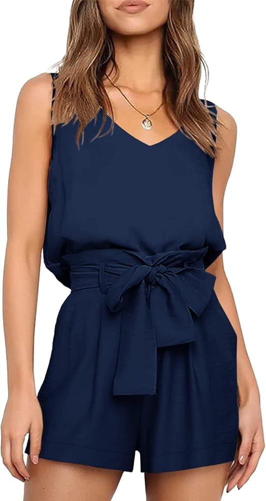 Zbyclub Womens Two Piece Outfits Summer Short Romper Jumpsuit Sleeveless V Neck Tank Top High Wai... | Amazon (US)