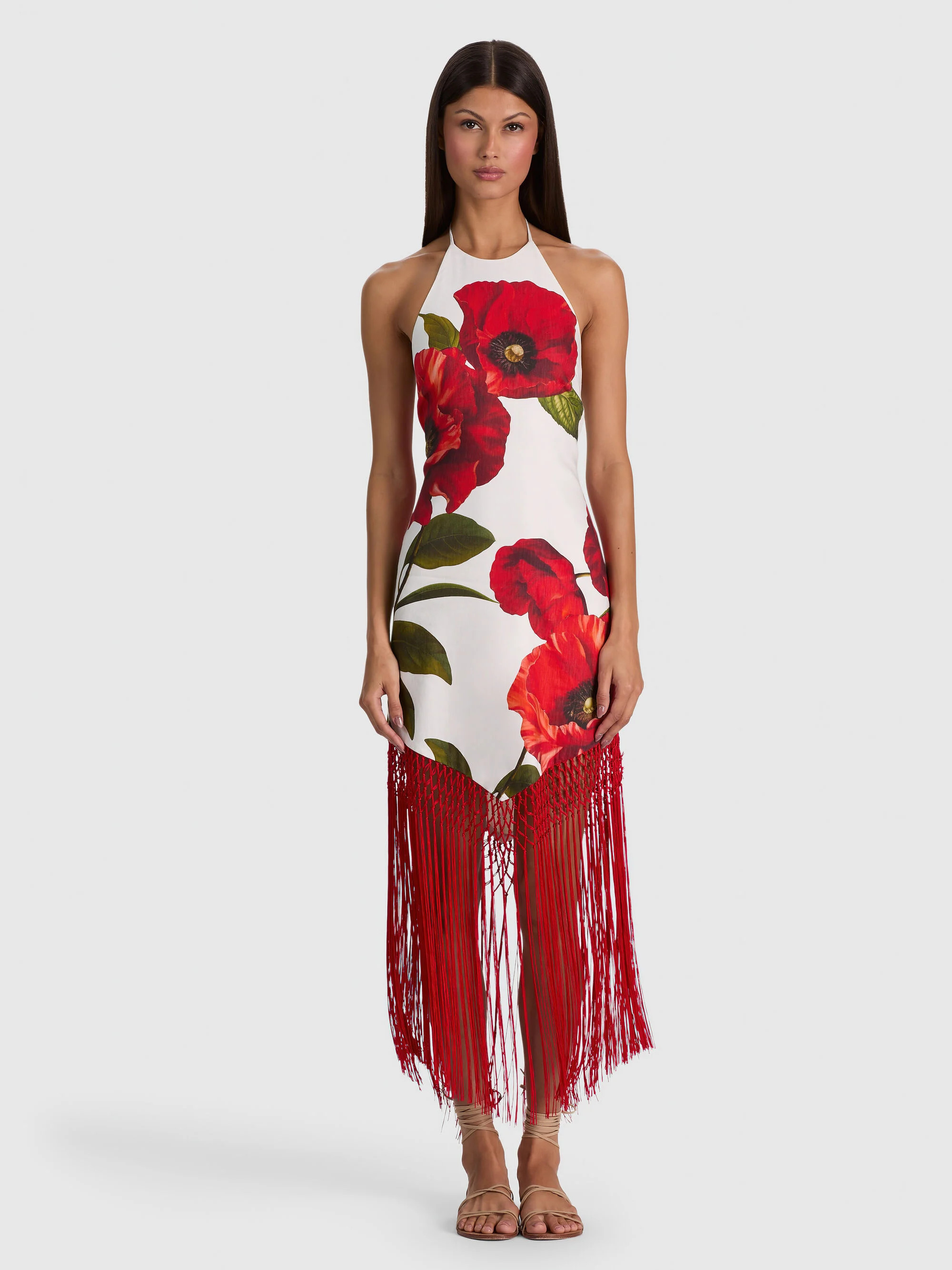MALLORY LINEN FRINGE MIDI DRESS | Alice + Olivia