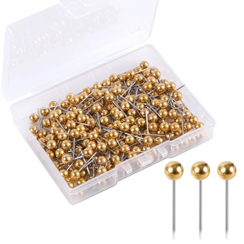 200pcs Map Push Pins, Map Tacks Round Head Map Pins for Travel Map Small Thumb Tacks Marking Pushpins for Cork Board Bulletin Board Picture Photo Home Office School DIY Craft (Gold) | Amazon (US)