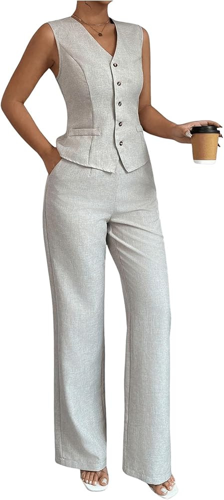 SOLY HUX Women's 2 Piece Outfits V Neck Button Down Vest Tops and High Waisted Pants Set Office W... | Amazon (US)