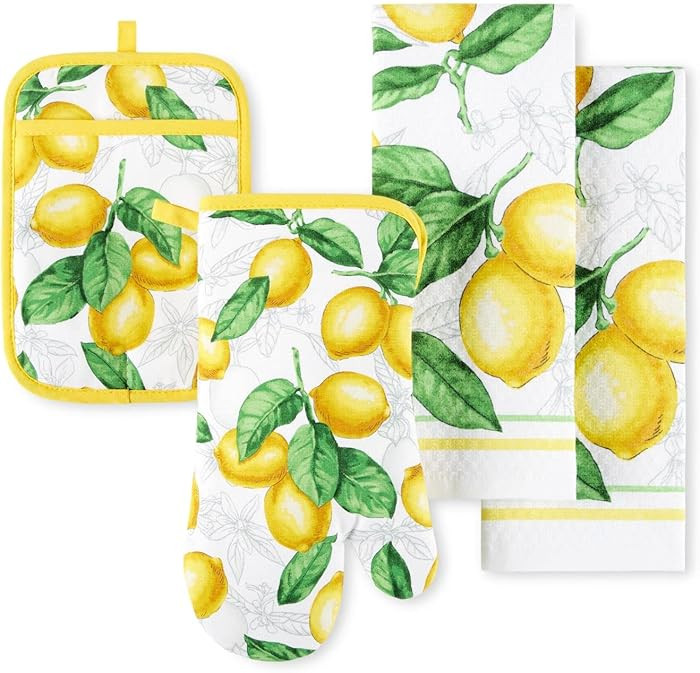 Martha Stewart Lots of Lemons Modern Kitchen Towel, Oven Mitt & Potholder Set, 4-Pack, White-Yell... | Amazon (US)