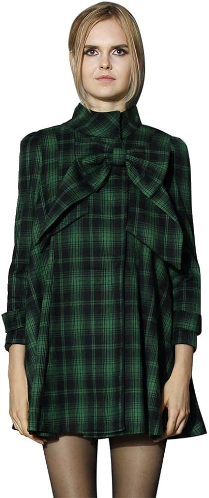 CHICWISH Women's Comfy Casual Warm Big Bow Green/Red Tartan Check Dolly Dress Coat | Amazon (US)