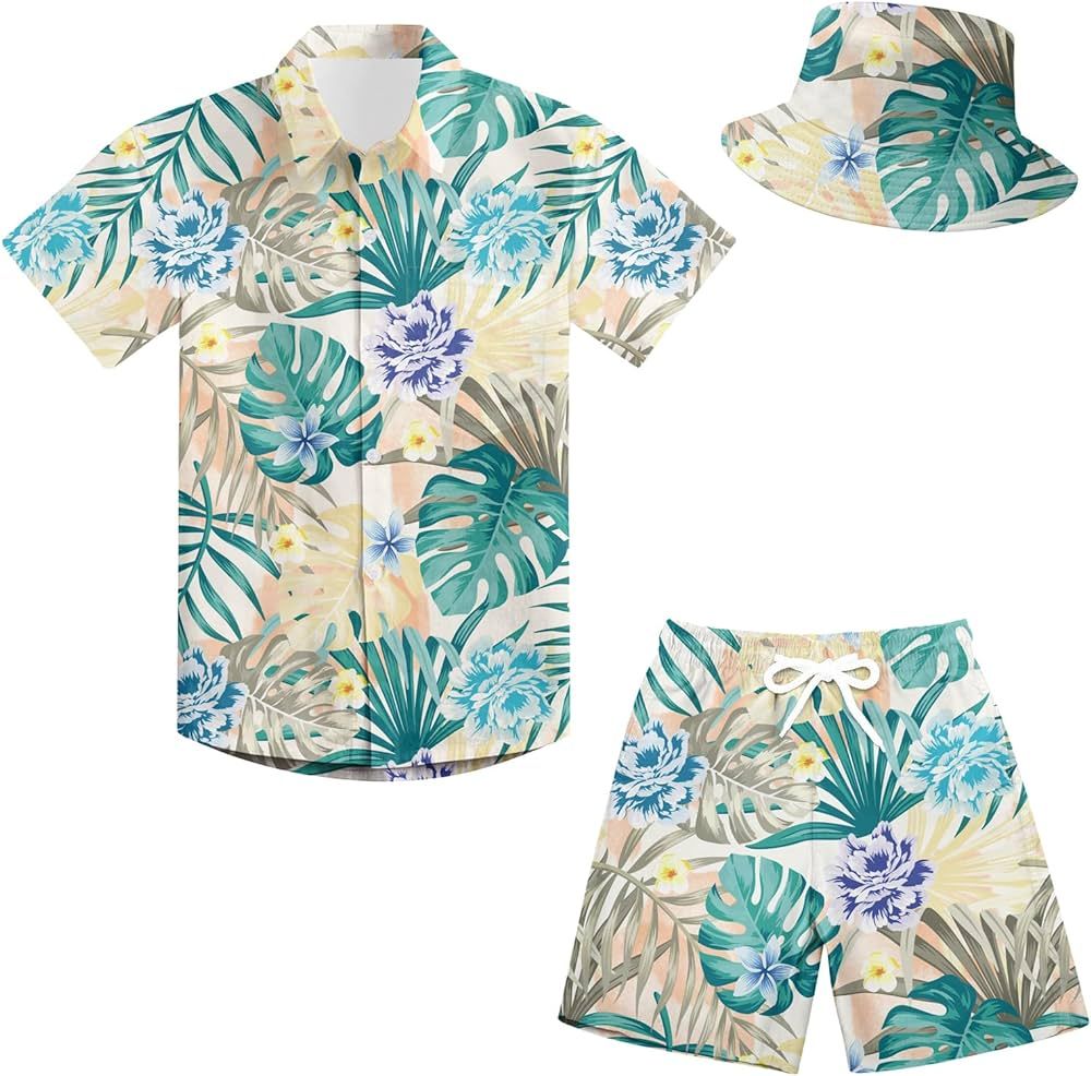 UNICOMIDEA Boys Hawaiian Outfits Summer Button Down Shirt and Short with Bucket Hat 5-12 Years 3 ... | Amazon (US)