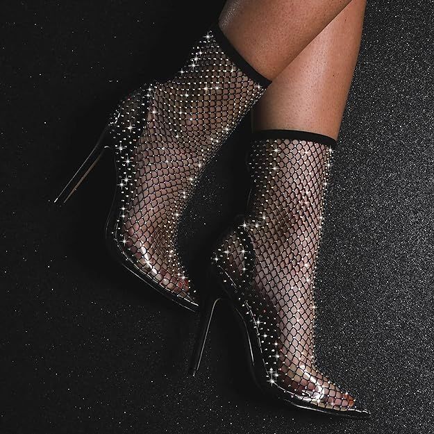 azmodo Women Bling Rhinestones Multi Colour Diamante Detail Stiletto Heel Ankle Sock Boot In Blac... | Amazon (US)