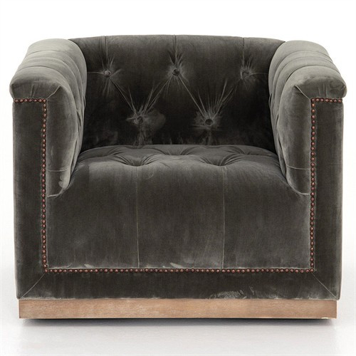 Emmy Rustic Lodge Grey Velvet Tufted Nailhead Trim Swivel Club Chair | Kathy Kuo Home