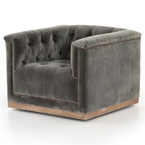 Emmy Rustic Lodge Grey Velvet Tufted Nailhead Trim Swivel Club Chair | Kathy Kuo Home