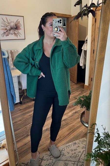 Cozy work from home outfit for the first day of March 🍀 shacket• workout jumpsuit • slides • clogs 

#LTKfit #LTKunder50 #LTKSeasonal