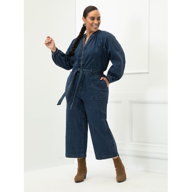 ELOQUII Elements Women's Plus Size Zip Front Jumpsuit with Tie Waist | Walmart (US)