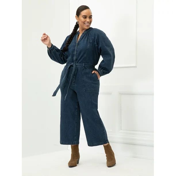 ELOQUII Elements Women's Plus Size Zip Front Jumpsuit with Tie Waist | Walmart (US)