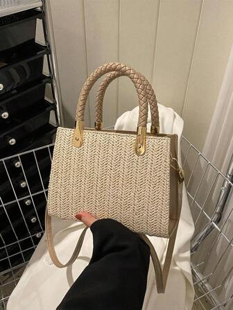 Two Tone Straw Bag Woven Detail Double Handle Zipper Vacation,Perfect For Summer Beach Travel Vac... | SHEIN
