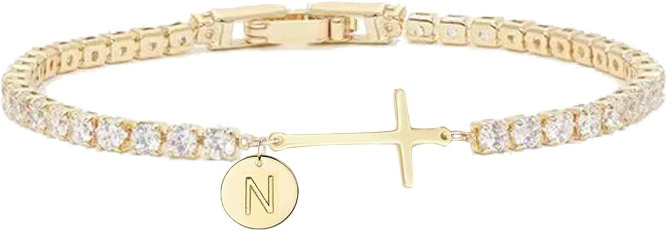 Valentines Day Gifts Gold Cross Bracelets for Women - 14K Gold Plated 3mm Cubic Zirconia Classic Tennis Bracelet Dainty Initial Bracelet Letter A-Z Charm for Religious Christian Gifts Women Trendy Jewelry Gifts | Amazon (US)