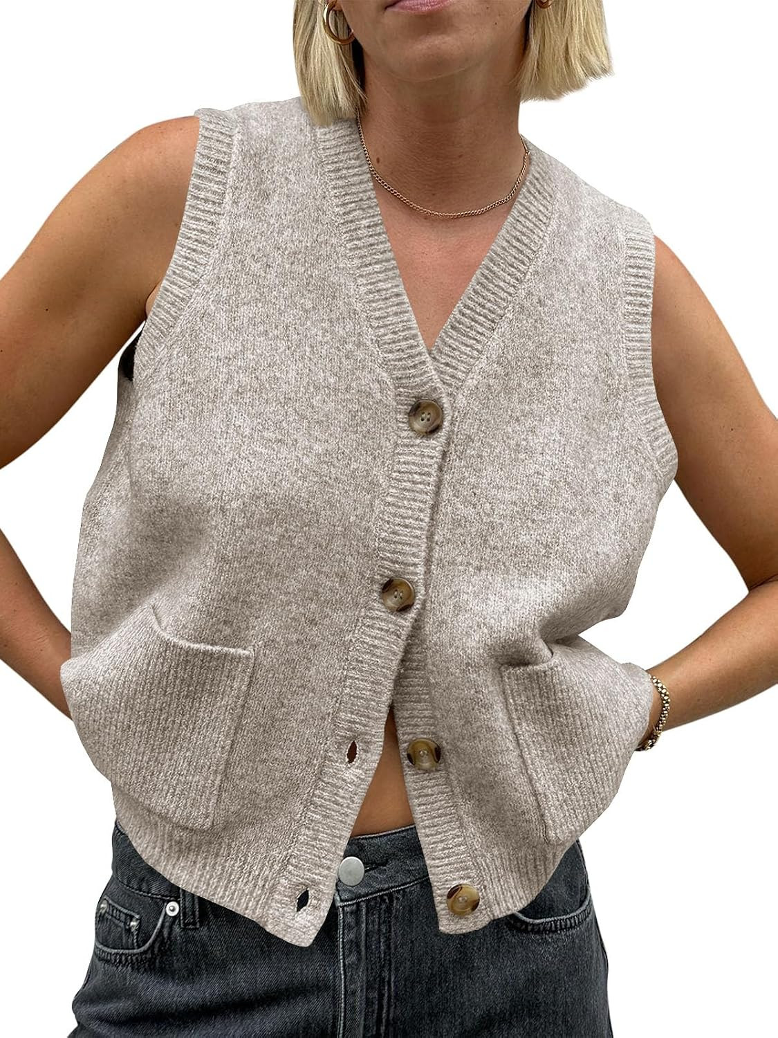 Saodimallsu Womens Sleeveless Sweater Vest Button V Neck Knit Trendy Casual Summer Cardigan with Pockets | Amazon (US)