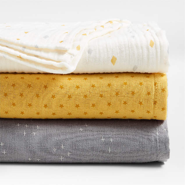 Zen Modern Yellow Organic Baby Swaddle Blankets, Set of 3 | Crate & Kids | Crate & Barrel