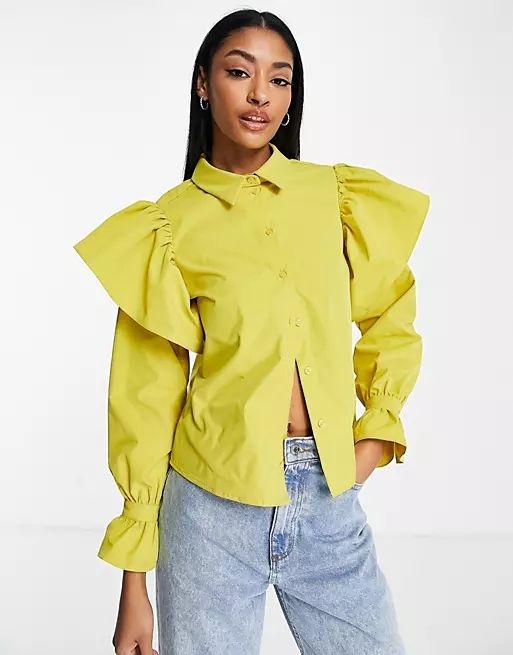 Vero Moda frill sleeve shirt in chartreuse | ASOS (Global)