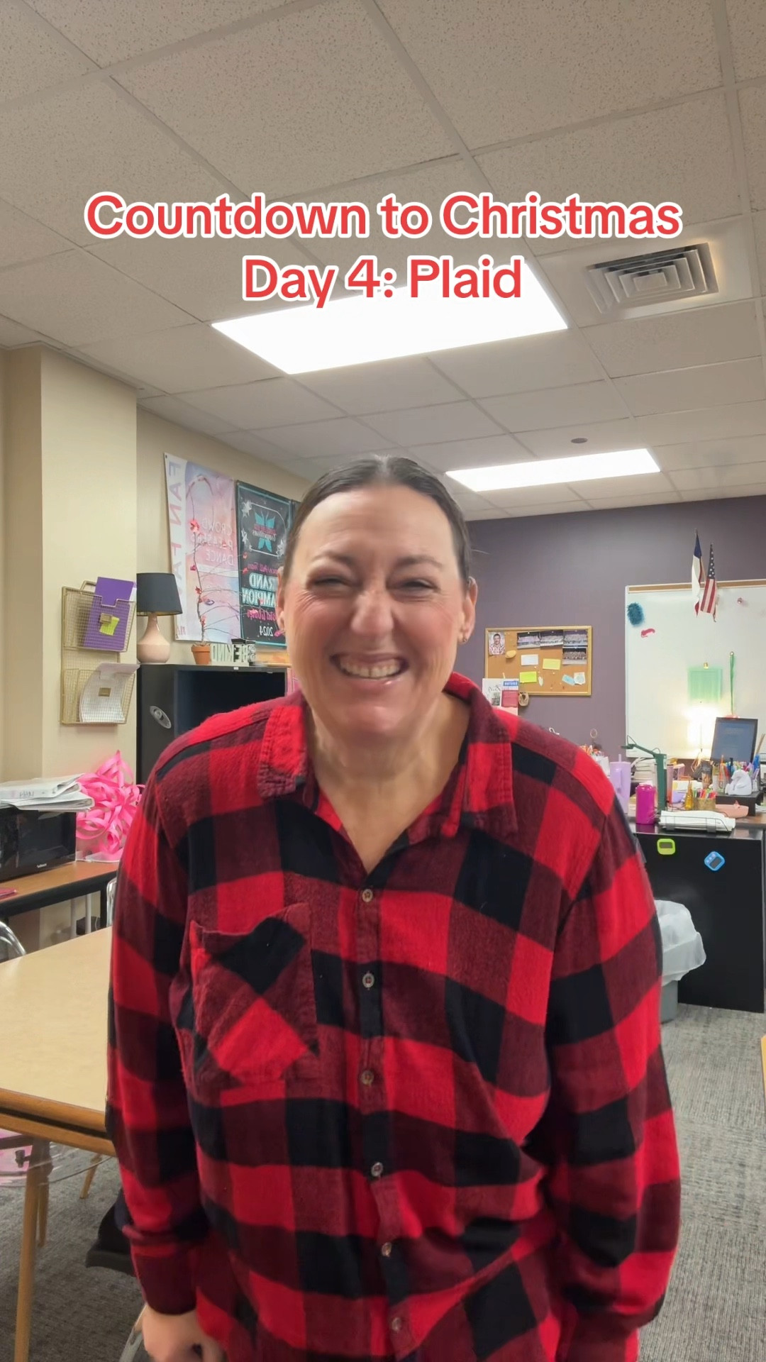 Countdown to Christmas Day 4: Plaid day!  Because nothing says “festive” like dressing like a holiday tablecloth!  Jk. I love plaid!  #countdowntochristmas #christmasplaid #teacher 