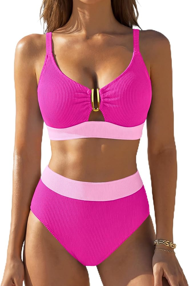BMJL Womens High Waisted Bikini Sets Ribbed Two Piece Swimsuit V Neck Cutout Lace Up Back Bathing... | Amazon (US)