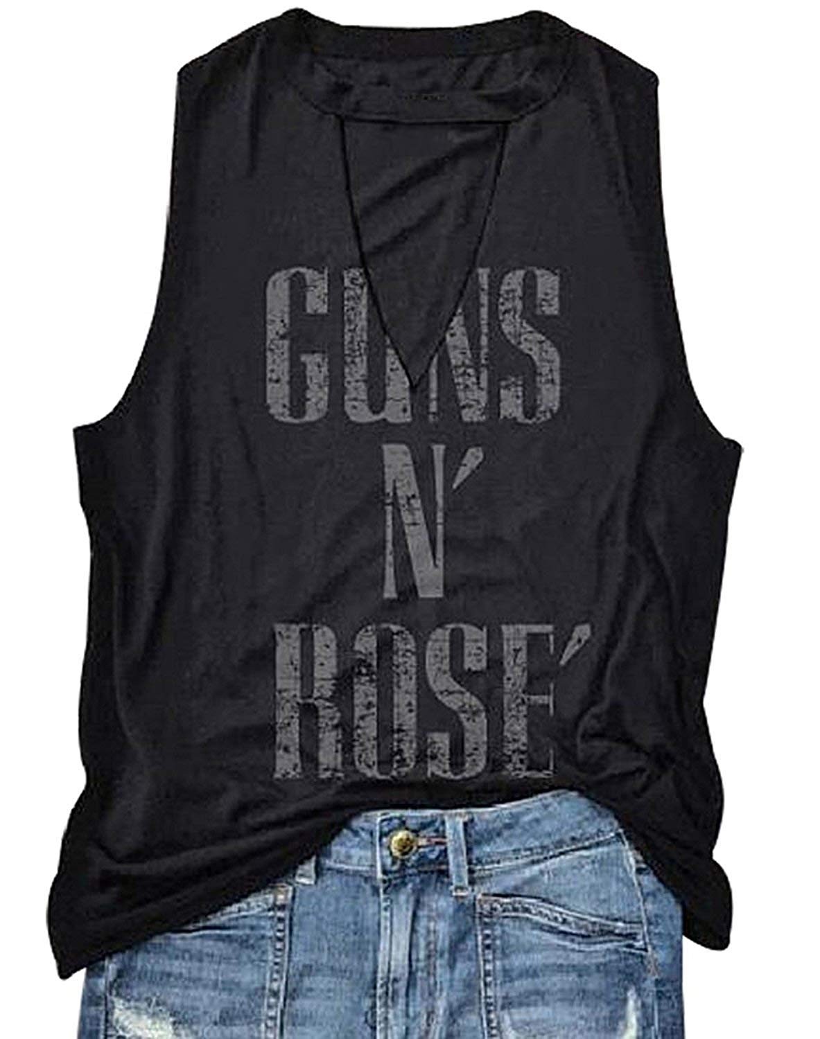 FAYALEQ Guns N' Rose' Hollow Out V-Neck Tank Tops Letters Print Sleeveless T-Shirt for Teen Girls... | Amazon (US)