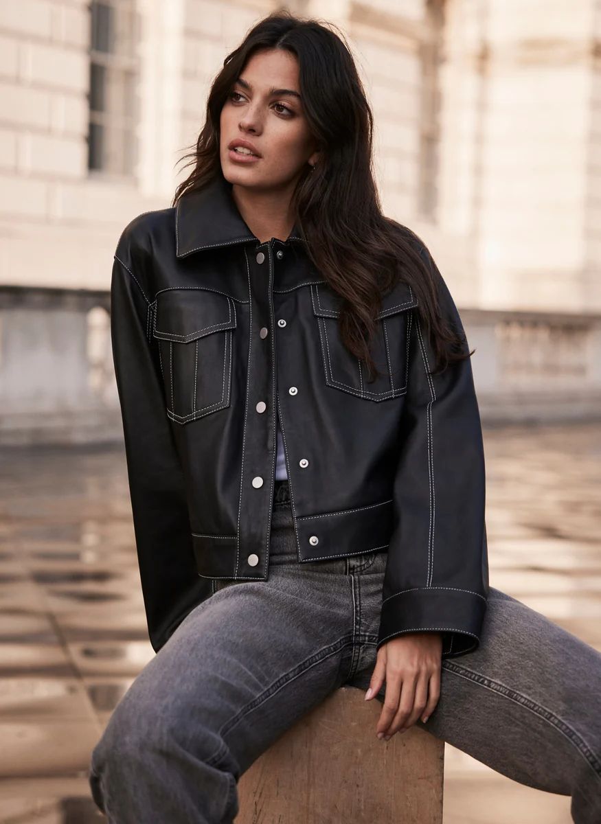Black Contrast Leather Jacket | Mint Velvet