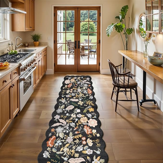 2x10 Scalloped Hallway Runner Rug: Washable Non Slip Boho Floor Mat Black | Floral Long Carpet Ru... | Amazon (US)