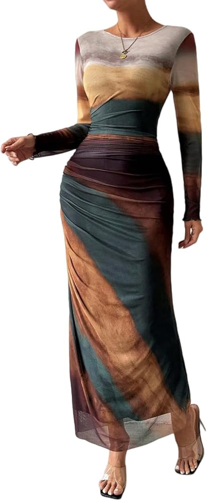 Women's Printed Bodycon Maxi Dress Long Sleeve Tie Dye Mesh Layered Dress | Amazon (US)