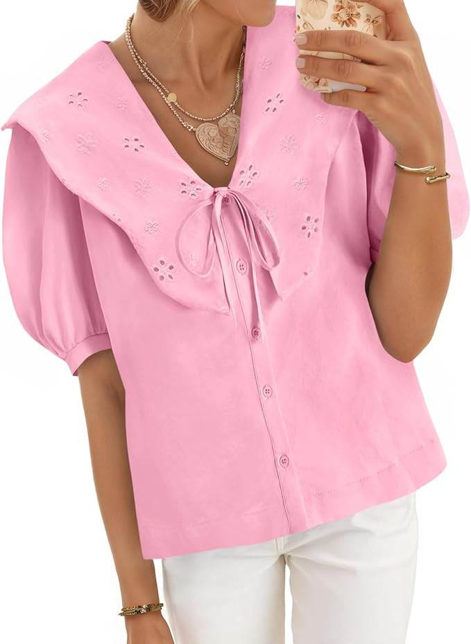 Cicy Bell Womens Peter Pan Collar Button Down Shirts Puff Short Sleeve Summer Casual Eyelet Tops ... | Amazon (US)