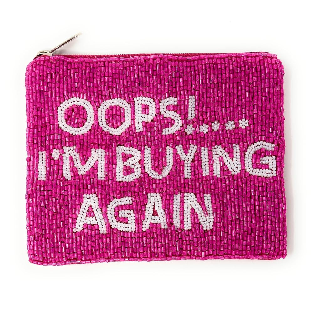 Oops I'm Buying Again Beaded Zipper Pouch, Pink Beaded Pouch Purse, Birthday Gift, Gift Card Bag,... | Amazon (US)