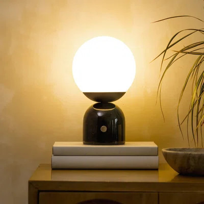 Mila 9.85 in. Mid-Century Modern LED Bedside Table Lamp with Black Marble and Frosted Globe Shade | Wayfair North America