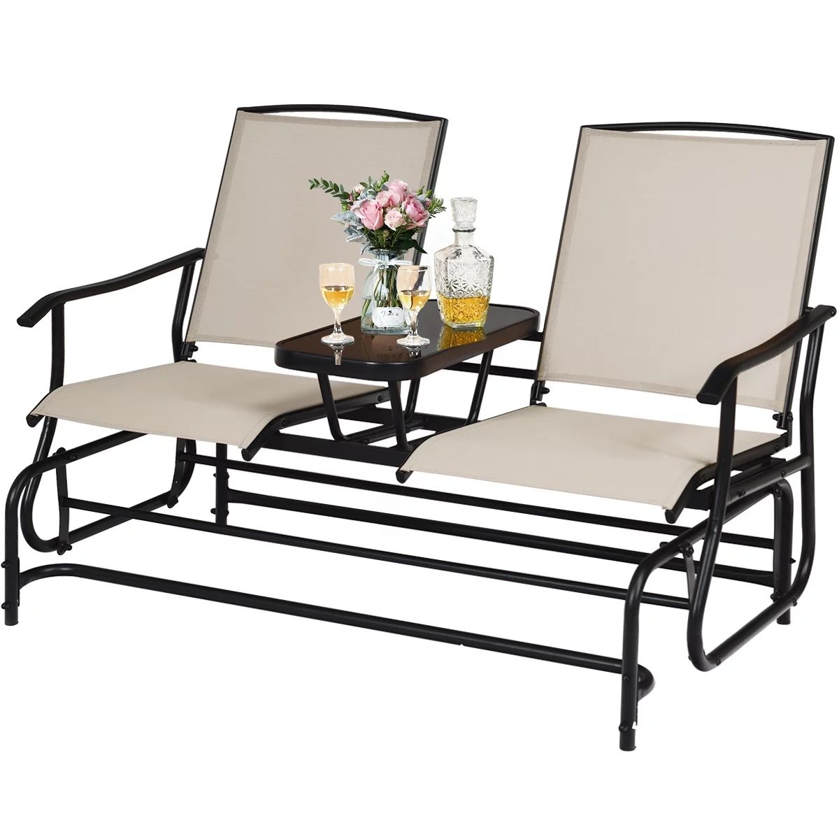 Costway 2 Person Patio Double Glider Steel Frame Loveseat Rocking with Center Table | Walmart (US)