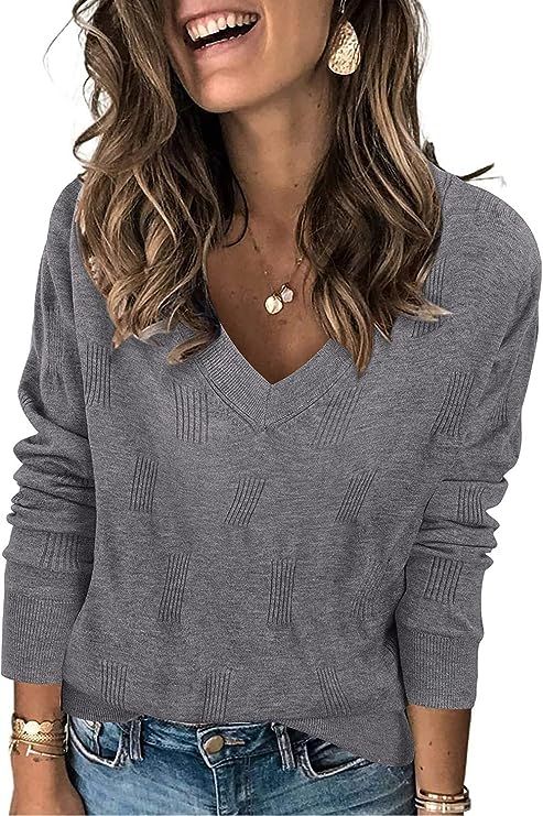 Arach&Cloz Women's Fall Fashion 2023 V Neck Long Sleeve Pullover Knitted Casual Sweater Tops | Amazon (US)