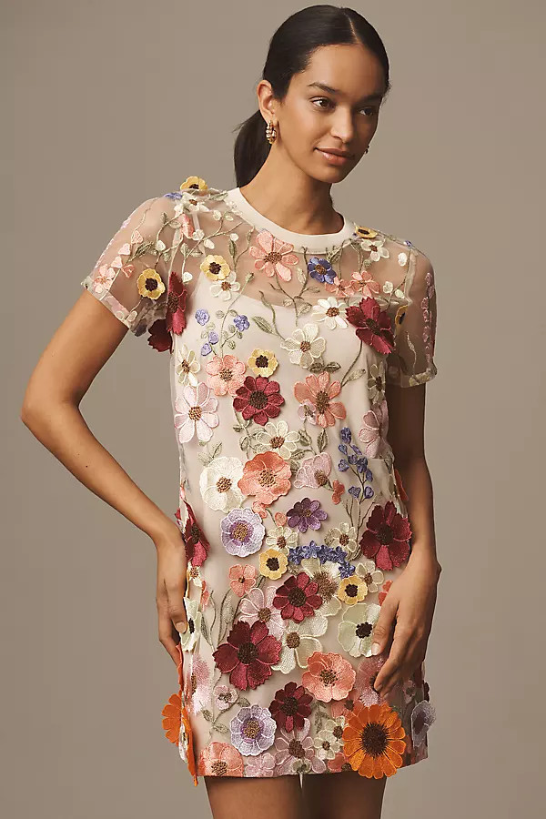Endless Rose Short-Sleeve Floral-Embellished Sheer Shift Mini Dress | Anthropologie (US)