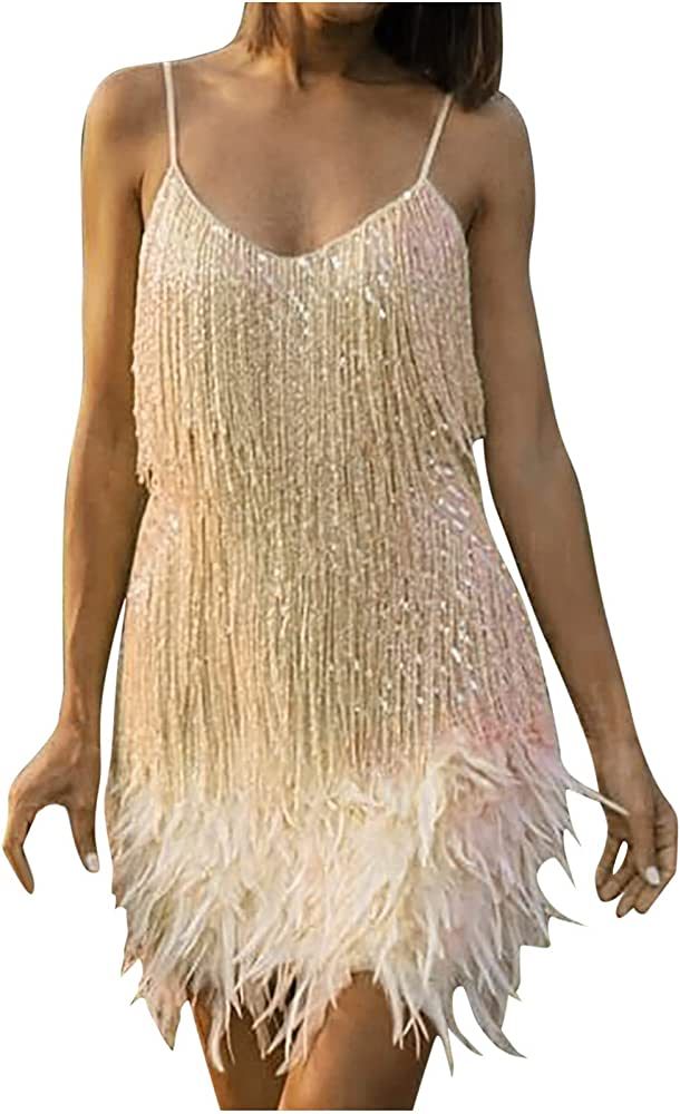 Womens Sequin Feather Fringe Cami Dress Sexy Sleeveless Spaghetti Strap Party Dress Cocktail Evening | Amazon (US)