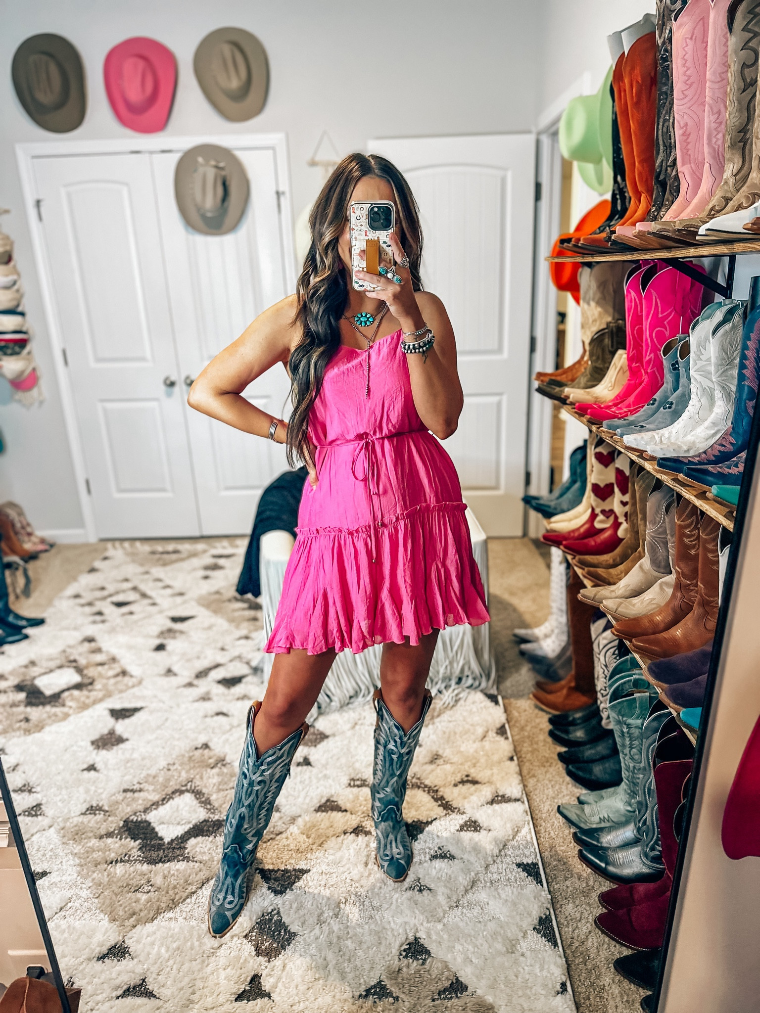 Kenny Chesney concert country concert outfit idea Amazon pink dresses turquoise and denim cowgirl boots great for Nashville two or girls night out bachelorette - wearing a small in the dress and boots are comfy and run true to size 

#LTKStyleTip #LTKFindsUnder100 #LTKFindsUnder50