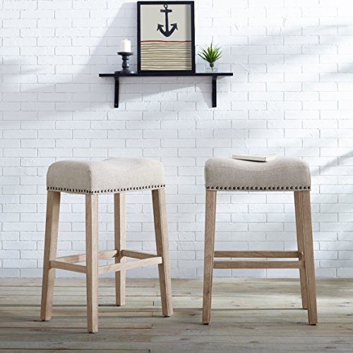 Roundhill Furniture Coco Upholstered Backless Saddle Seat Bar Stools 29" Height, Set of 2, Tan | Amazon (US)