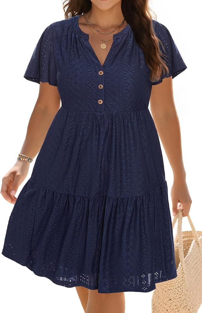 Plus Size Summer Dress - Casual Sundress Beach Short Sleeve V Neck Tiered Button Up Boho Midi Flo... | Amazon (US)